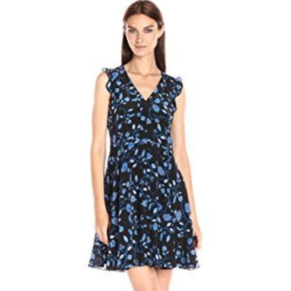 Rebecca Taylor Kyoto Silk Ruffle Floral Blue Cocktail A-line Summer Blue Dress 6 - Picture 2 of 11